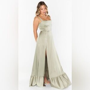 Show Me Your Mumu Clarissa Corset Dress in Moss Green Luxe Satin S